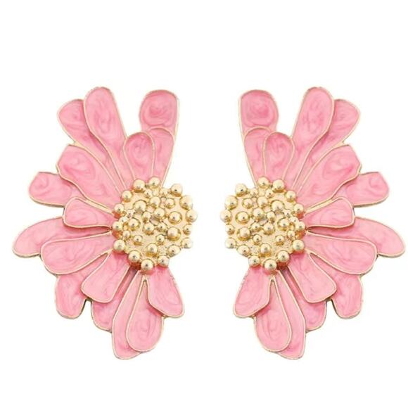 Pink Enamel Flower Earrings - Picture 1 of 2